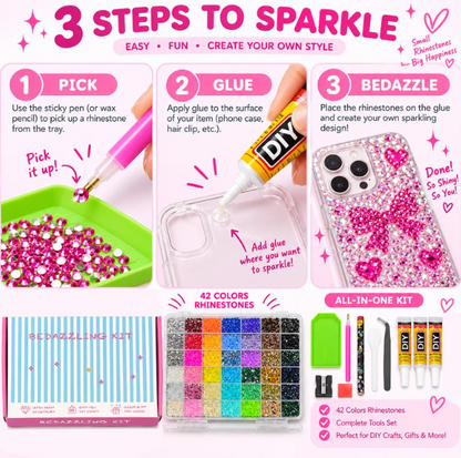 Bedazzling Kit 42 Color Rhinestones + Pens + Forceps + 3 Bottles of Glue